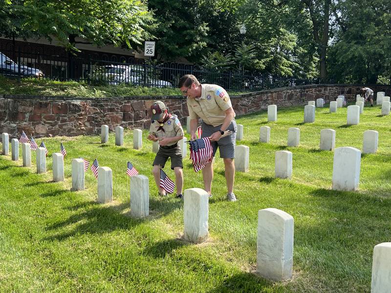 Flags placed at Alexandria National Cemetery in Alexandria, Virginia with the help of the National Capitol Area Council scouts in honor of fallen servicemembers.