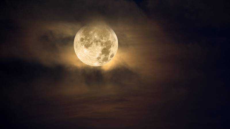 A dark night brings a bright, amber moon alive with puffy hazy clouds.