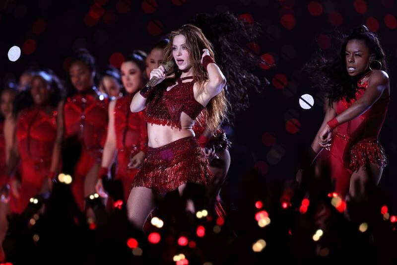 MIAMI, FLORIDA - FEBRUARY 02: Colombian singer Shakira performs during the Pepsi Super Bowl LIV Halftime Show at Hard Rock Stadium on February 02, 2020 in Miami, Florida. (Photo by Jamie Squire/Getty Images)
