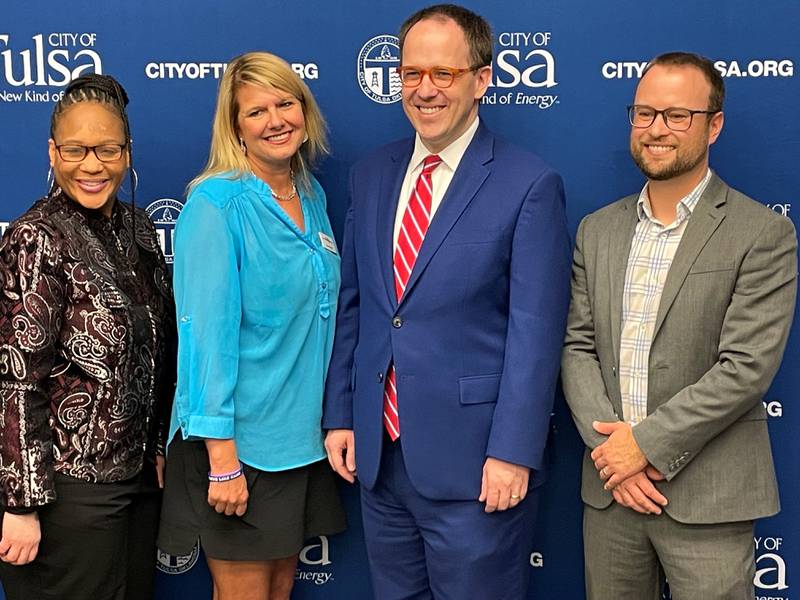 Dr. Ebony Johnson (TPS Interim Superintendent), Erin Parks (Oklahoma Family Network), Mayor G.T. Bynum,  and Zack Stoycoff (Healthy Minds Policy Initiative) pose for a photo after a news conference at Tulsa City Hall, Oct. 12, 2023