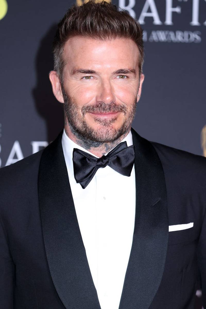 LONDON, ENGLAND - FEBRUARY 18: David Beckham poses in the Winners Room during the EE BAFTA Film Awards 2024 at The Royal Festival Hall on February 18, 2024 in London, England. (Photo by John Phillips/Getty Images)