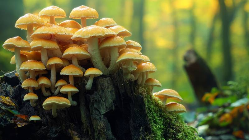 A large group of mushrooms growing on a log in a forest.