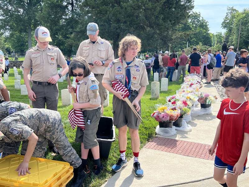 Flags placed at Alexandria National Cemetery in Alexandria, Virginia with the help of the National Capitol Area Council scouts in honor of fallen servicemembers.