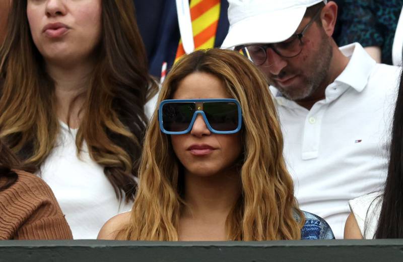 LONDON, ENGLAND - JULY 14: Singer, Shakira watches the Men's Singles Semi Final between Carlos Alcaraz of Spain and Daniil Medvedev on day twelve of The Championships Wimbledon 2023 at All England Lawn Tennis and Croquet Club on July 14, 2023 in London, England. (Photo by Clive Brunskill/Getty Images)