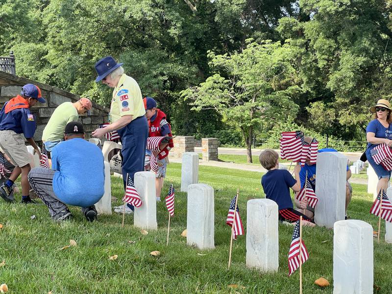 Flags placed at Alexandria National Cemetery in Alexandria, Virginia with the help of the National Capitol Area Council scouts in honor of fallen servicemembers.